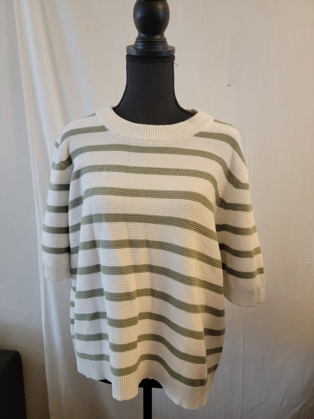 French Connection Cream and Olive Striped Crewneck Sweater/XL